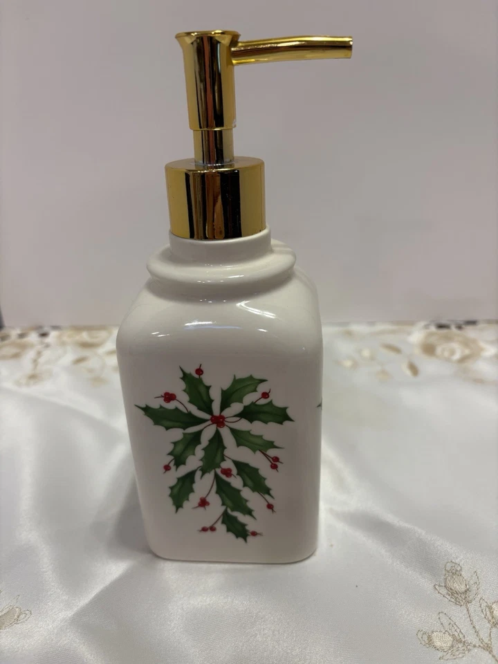 Lenox Holiday Nouveau Lotion Soap Dispenser Dimension Collection Gold Trim Holly - Image 1 of 2