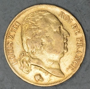 France 1824-W Lillie Mint 20 Francs Gold Coin - Louis 18 Louis XVIII - Picture 1 of 6