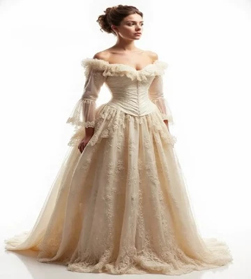 Light Champagne Medieval Wedding Dress Fairy Elvish Lace Bohemian Bridal Dress  - Image 1 of 4