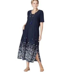 J Jill Pure Jill XL Navy Border Dot Print Maxi Dress Short Sleeve V-Neck Pockets - Picture 1 of 14