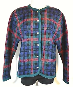 Crystal-Kobe Red, Green, Blue Black Tartan Plaid VTG Sweater, Cardigan - Size LG - Picture 1 of 10
