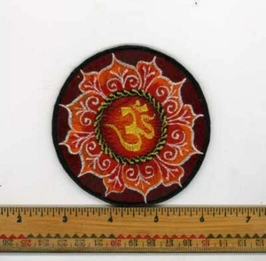 Embroidered Yellow Om Fancy Red & Orange Lotus Patch Fair Trade Nepal 3" Round - Picture 1 of 5
