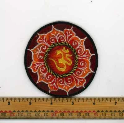 Embroidered Yellow Om Fancy Red & Orange Lotus Patch Fair Trade Nepal 3" Round - Image 1 of 4