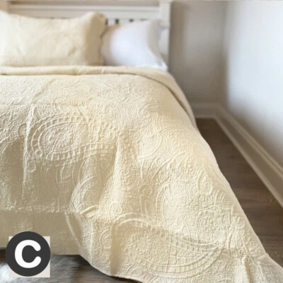 Luxury Cotton Neutral Beige Embroidered Quilted Double / King Bedspread Throw  - Image 1 of 4