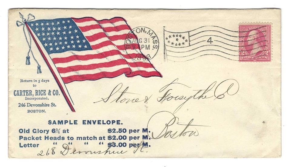 US 1898 ADVERTISING CARTER RICE & CO BOSTON MASS. WITH OLD GLORY SAMPLE ENVELOPE - Image 1 of 1