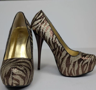 Qupid Women's Shoes 5 Inch Heels Gold Brown Stripes Size 6 Party Dress Glitter! - Image 1 of 4