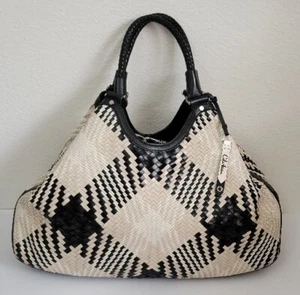 COLE HAAN Genevieve Woven Leather Large Hobo Handbag Tote Purse Black & White - Picture 1 of 6