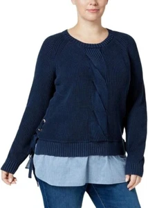 Tommy Hilfiger Womens Plus Woven Side Tie Pullover Sweater Blue 3X - Picture 1 of 2