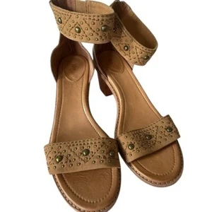 Frye Brielle Studded Deco Wood Ankle Strap Heels Padded Footbed Sz.10 - Picture 1 of 11