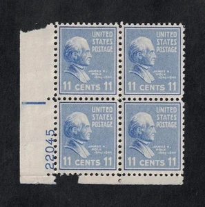 1938 James Polk Prexie Mint, Never Hinged 11¢ Plate # Block of 4 -- Scott #816 - Picture 1 of 1