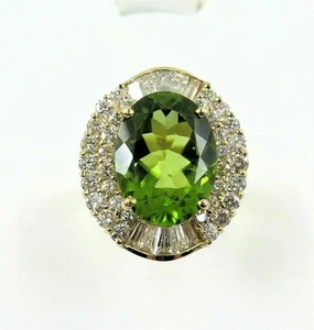 14k Gold 8.50 Carat Natural Peridot and Diamonds Double Halo Statement Ring N728 - Picture 1 of 5