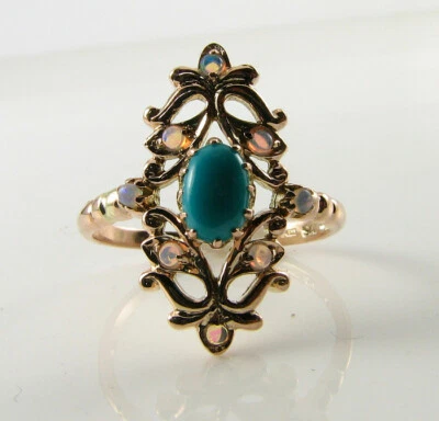 LONG 9K 9CT ROSE GOLD TURQUOISE & OPAL ART DECO INS RING FREE RESIZE - Image 1 of 4
