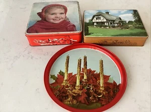 Lot 3 Metal Tins Vintage + Christmas Tray Old British Biscuits Country Cottage - Picture 1 of 11