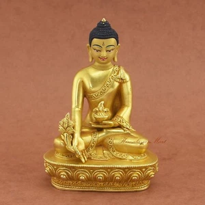 Hand Carved Gold Detailed Medicine Buddha Menla Copper Statue from Patan, Nepal - Picture 1 of 4