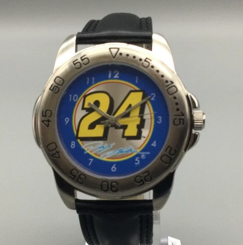 Vtg Jeff Gordon Watch Men 39mm Silver Tone BOX Leather Band  NASCAR New Battery Cover