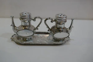VINTAGE Silver Metal Teapots with tray Salt & Pepper Shaker set - Picture 1 of 3