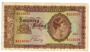 Luxemburgo... P-42a... 20 Francos... 1943... Elección *VF+* Prefijo "B" - Imagen 1 de 2