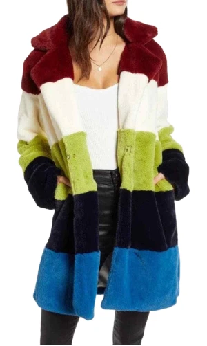 Abrigo de peluche a rayas de piel sintética de felpa de gran tamaño en blanco NYC Super Nova chaqueta boho Foto 1 de 4