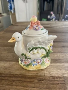 Goose Sugar Bowl With Lid And Spoon Floral Design By Home Accents Tea Party - Picture 1 of 8
