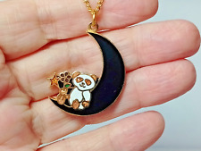 "YC1"--very cute & quirky gold tone crescent moon panda flowers pendant necklace