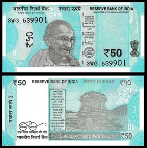 Indien 50 Rupien Banknote UNC - Gandhi - Buchstabe L - Sig Sashikant 2024 (Wagen) - Bild 1 von 6
