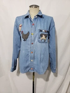Camisa Denim Azul Arizona De Colección Abotonada Granja Campo Pollo Cerdo Botones Parche M - Imagen 1 de 15