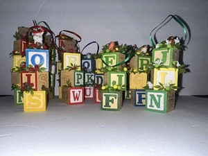 Vtg Christmas Wooden Alphabet Letter Block Ornament Flocked Bear Bird Bunny x 12 - Picture 1 of 23
