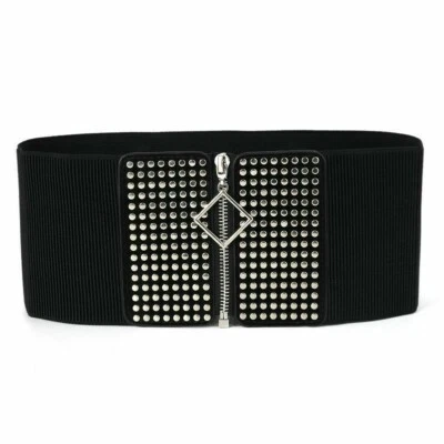 Damen Punk Breit Korsett Gürtel Bund Metall Nieten Ring Reißverschluss Elastisch - Bild 1 von 4