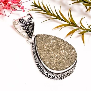 Pyrit Druzy Quarz Edelstein Vintage Handmade 925 Sterlingsilber Anhänger 2 " Rg - Bild 1 von 6