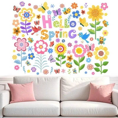 Pegatinas de pared Hello Spring para niñas: pelar y pegar colorido flujo de flores silvestres... Foto 1 de 4