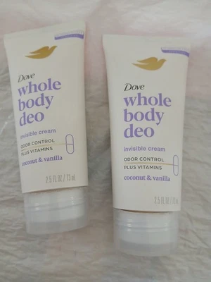 LOT TWO DOVE WHOLE BODY DEODORANT INVISIBLE CREAM COCONUT & VANILLA 2.5 FL OZ - Image 1 of 3