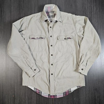 LL Bean Flannel Lined Chore Work Shirt Men Small Tan Shacket Made In USA Vintage - Image 1 of 4