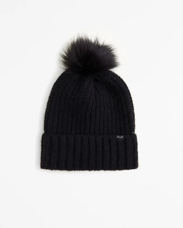 Abercrombie Kids Girls Knit Hat Beanie Black Sparkle Pom Pom One Size ~ NWT - Image 1 of 1
