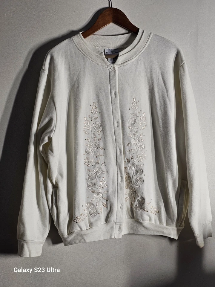 Cárdigan vintage Bon Worth color crema rosa bordado con botones 60 % algodón Foto 1 de 4