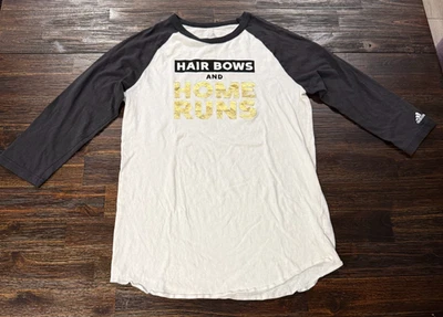 Girls Adidas XL Baseball Softball Shirt 3/4 Slve Hair Bows And Home Runs Ringer - Image 1 of 4