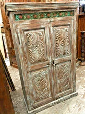 Antique BLUE Farmhouse Armoire Carved WOOD SUNBURSTS Cabinet Rustic Boho Tiles 