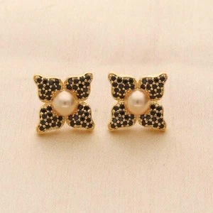 Floral Stud Earrings with Cubic Zirconia Accents and Pearl Center - Picture 1 of 25