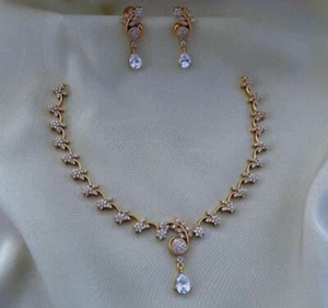 Joyería nupcial india Bollywood enchapada en oro collar pendientes circonita cúbica étnica conjunto AD - Imagen 1 de 6
