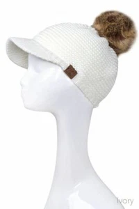 C.C Exclusive Women Warm Knit Brim Visor Beanie Hat With Fur Pom Pom - Picture 1 of 23