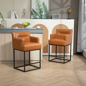 Counter Height Bar Stools Set of 2, PU Upholstered Bar Stool with Back & Armrest - Picture 1 of 16