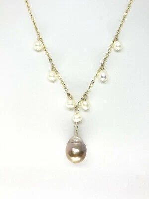 Collar de cadena de perlas blancas y perlas barrocas rosas rellenas de oro amarillo de 14k de 18" Foto 1 de 4