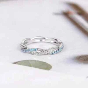 1.50Ct Round Cut Simulated Aquamarine Women's Wedding Ring 14K White Gold Plated - Picture 1 of 9