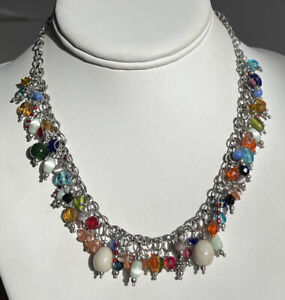 Collier charme argenté coloré avec verre artistique et perles angulaires pour chats 20 pouces de long