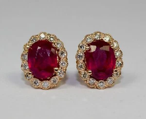 3Ct Oval Cut Lab Created Red Ruby Halo Push Back Earrings 14k Rose Gold Finish - Picture 1 of 7
