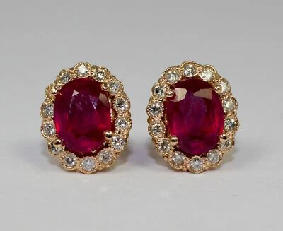 3Ct Oval Cut Lab Created Red Ruby Halo Push Back Earrings 14k Rose Gold Finish - Image 1 of 4