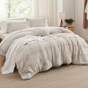 Bedsure Beige Queen Comforter Set Pinch Pleat Bed Set Down Bedding 1 - Picture 1 of 2