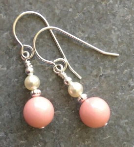 Pink Coral & Cream Crystal Pearl Sterling Silver Earrings + Gift Box - Picture 1 of 4