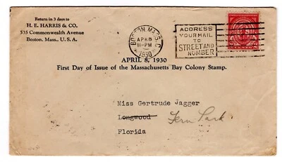 #682 Massachusetts Bay Colony 1930 FDC - 1st H.E. Harris Planty #5 - Image 1 of 2