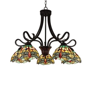 Tiffany Style Dragonfly Dark Bronze 5 Shades Dining Chandelier Ceiling Light - Picture 1 of 7