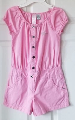 GUESS Vintage Y2K Pink Romper Short Puff Sleeves Button Front Cotton Girls Sz. 8 - Image 1 of 4